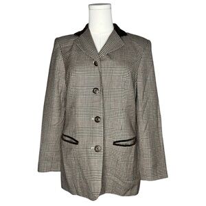 Vintage Brown Plaid Velvet Collar Button Front Blazer Jacket Equestrian Academia